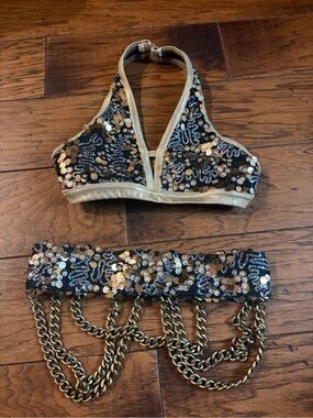 Kids Sequin Dance Halter Top and Chain Belt - Black & Gold